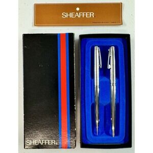 Vintage Scheaffer A812 White Dot Pen & Pencil Stainless Steel Set *TESTED* Box